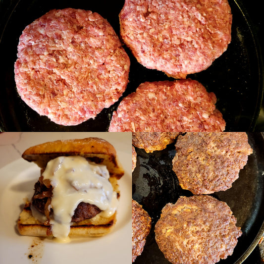Ground goat, goat burgers uncooked, cooked, and assembled collage